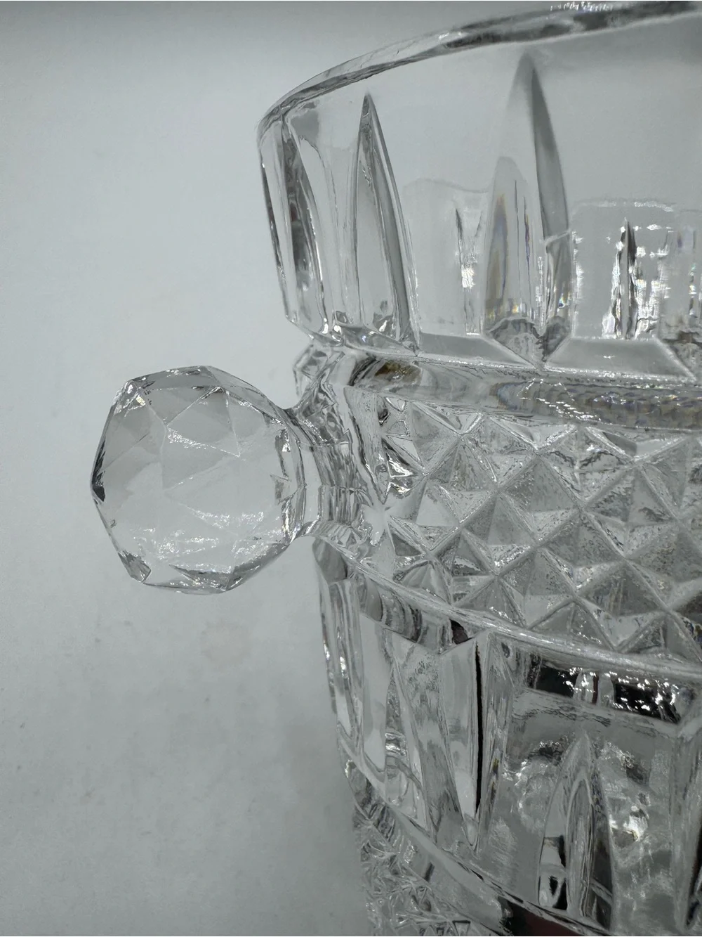 Vintage Crystal Diamond Cut Ice Bucket Heavy Barware Knob Handles